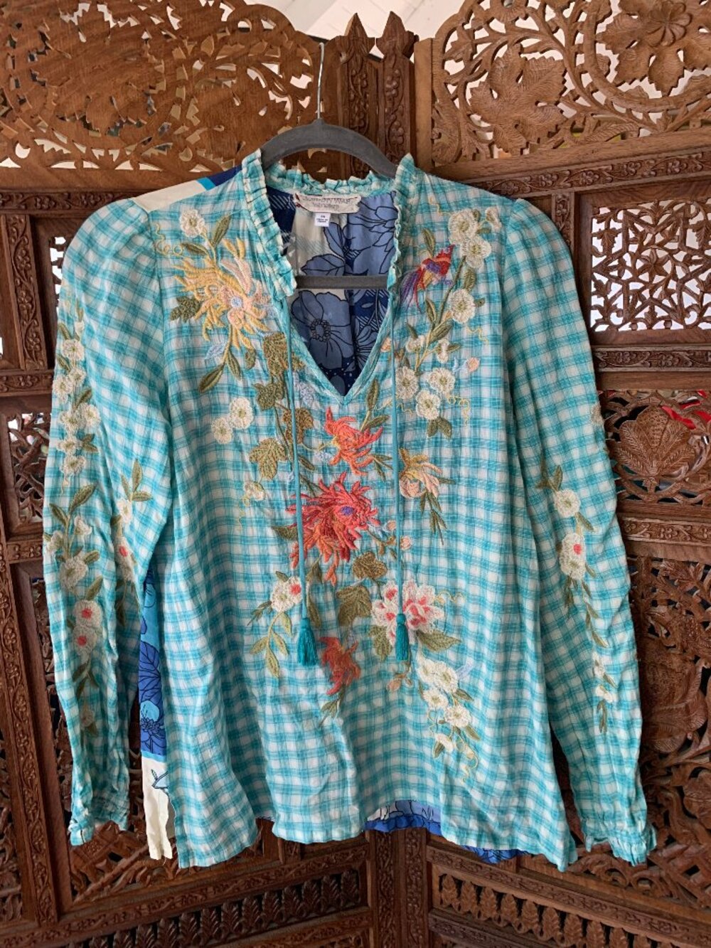 Johnny Was Plaid & Floral Embroidered Blouse